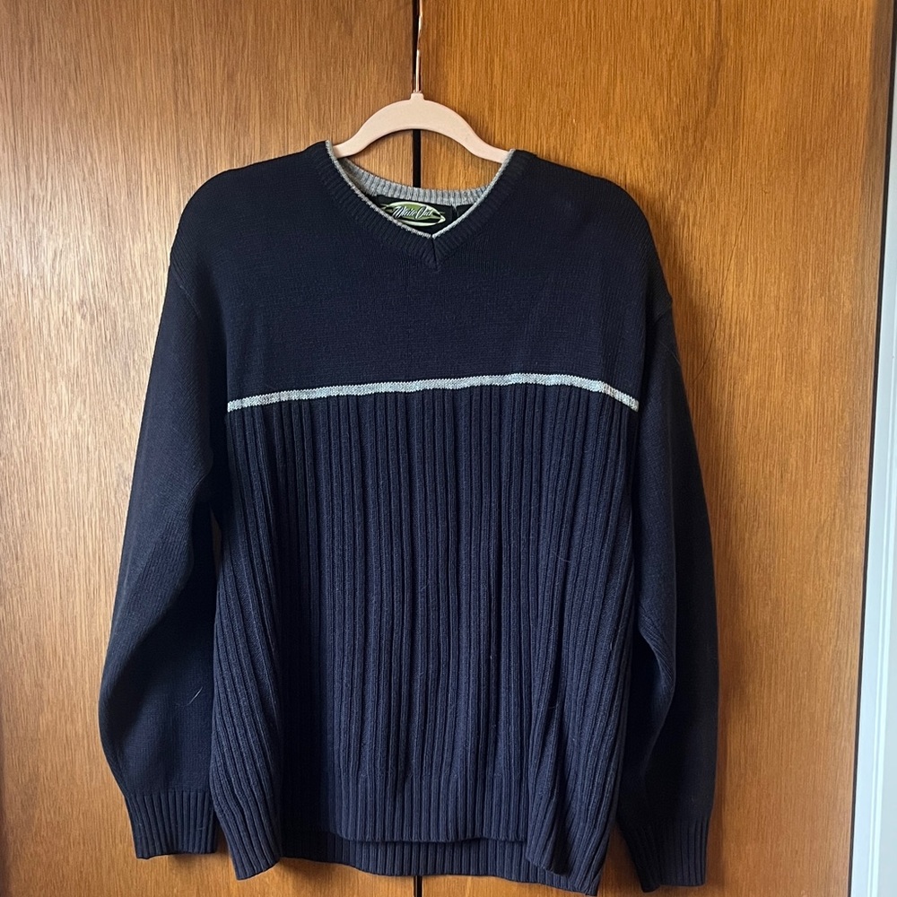 Navy V-Neck Sweater with Gray Accent
